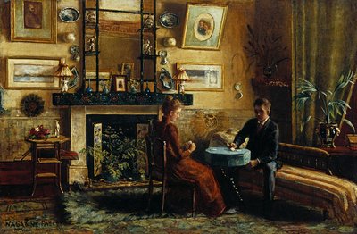 Interieur met een stel dat kaarten speelt, 1887-91 door Nancy A. Sabine Pasley